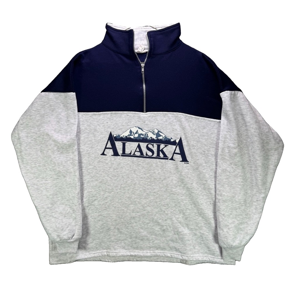 Vintage Alaska Sweatshirt Mens 2XL Gray Navy 1/4 Zip Fleece Pullover Made in USA
